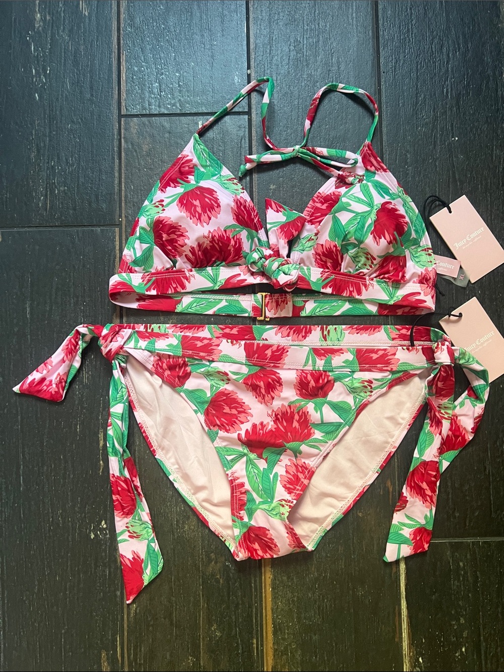 New- Juicy Couture Red & Pink Floral Print Bikini Set